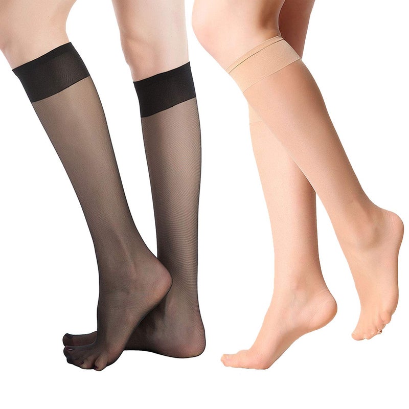 MANZI 12 Pairs Knee High Stockings Sheer Pantyhose for Women Natural with Black - Image 4